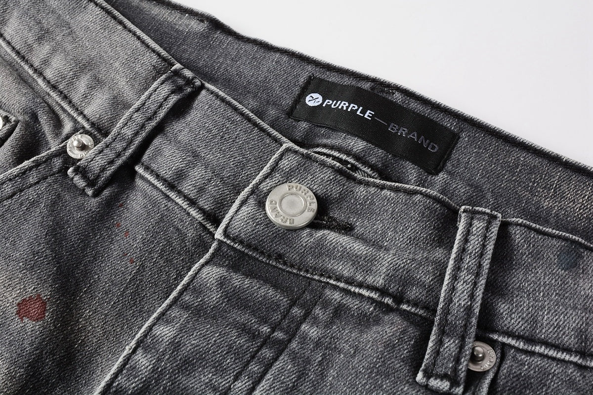 Men's Distressed Gray Graffiti Skinny Jeans with Ripped Holes & Button Fly