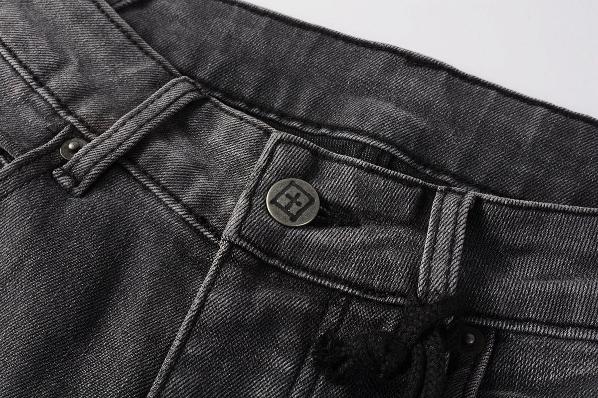 Men's Grey Wash Bandana Patch Distressed Skinny Jeans - Stretch Denim