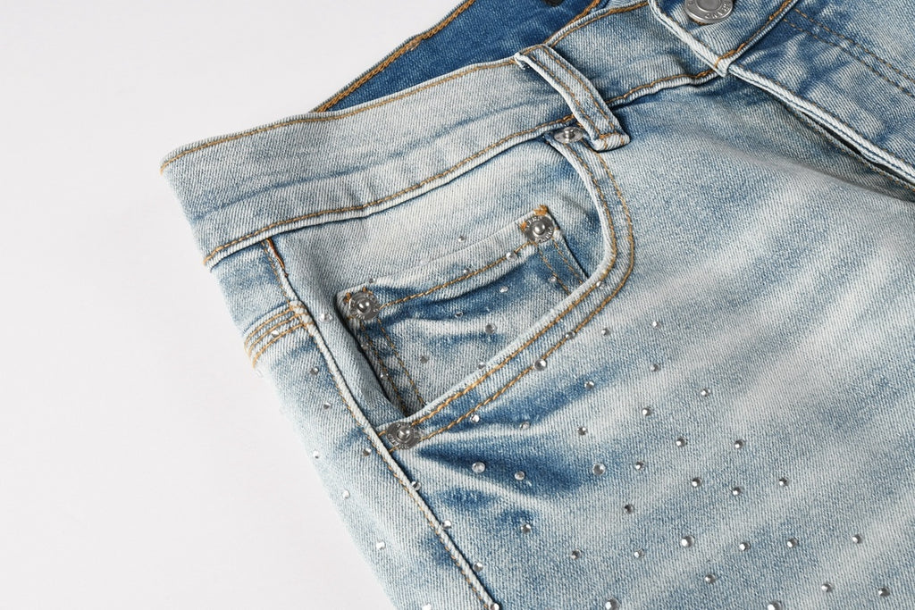 Men's Distressed Light Indigo Skinny Jeans with Transparent Rhinestones & Ripped Holes