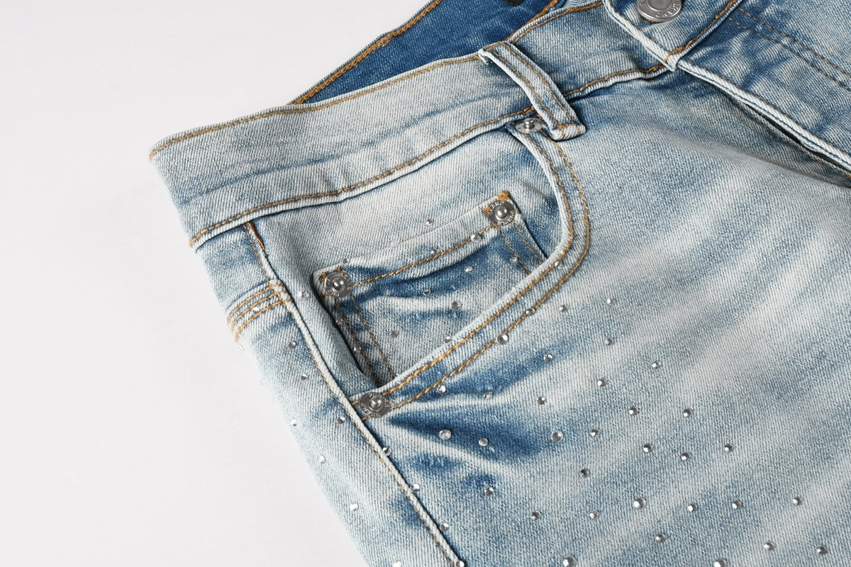 Men's Distressed Light Indigo Skinny Jeans with Transparent Rhinestones & Ripped Holes
