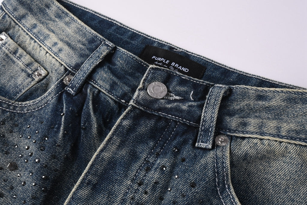 High Street Distressed Blue Rhinestones Baggy Jeans - Loose Ripped Jeans