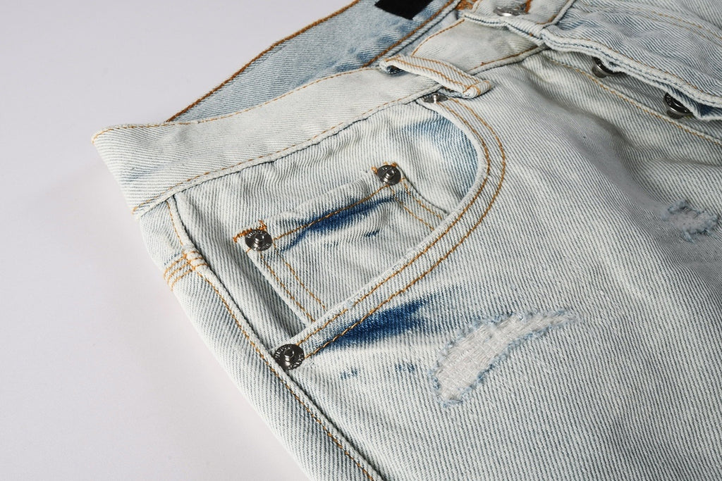 Men's Wide Leg Distressed Blue Jeans with Bandanna Patchwork, Ripped Holes & Button Fly