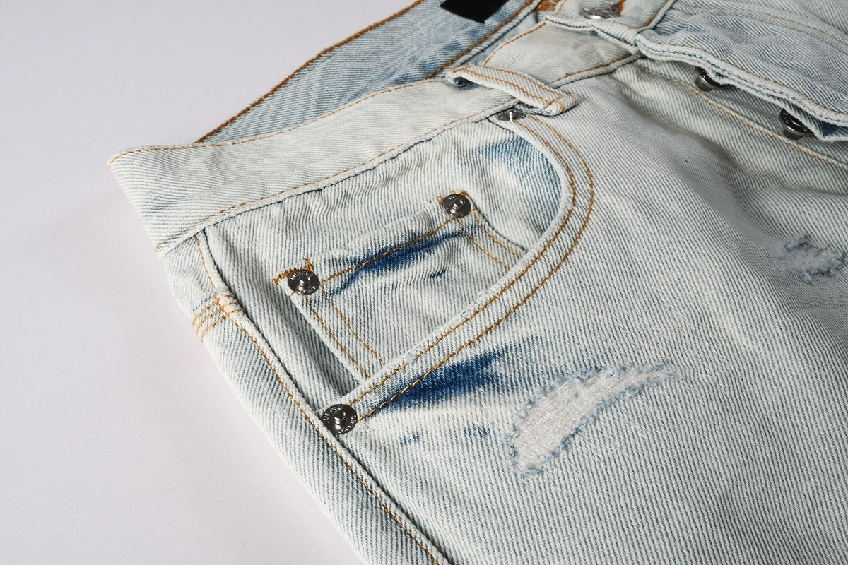 Men's Wide Leg Distressed Blue Jeans with Bandanna Patchwork, Ripped Holes & Button Fly