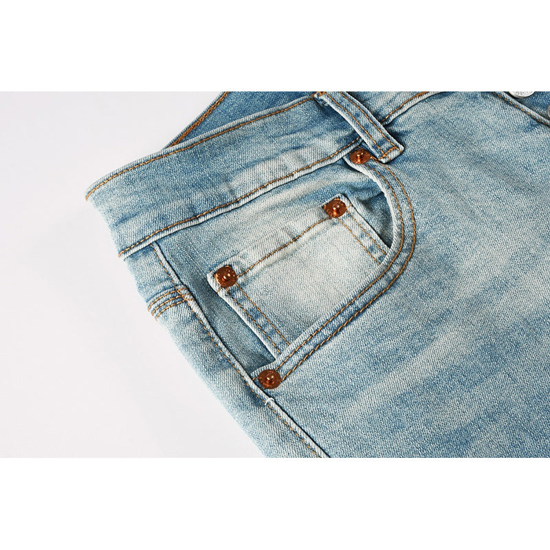 Men's Light Wash Embroidered Letter Skinny Jeans | Streetwear Slim Fit Distressed Denim Pants