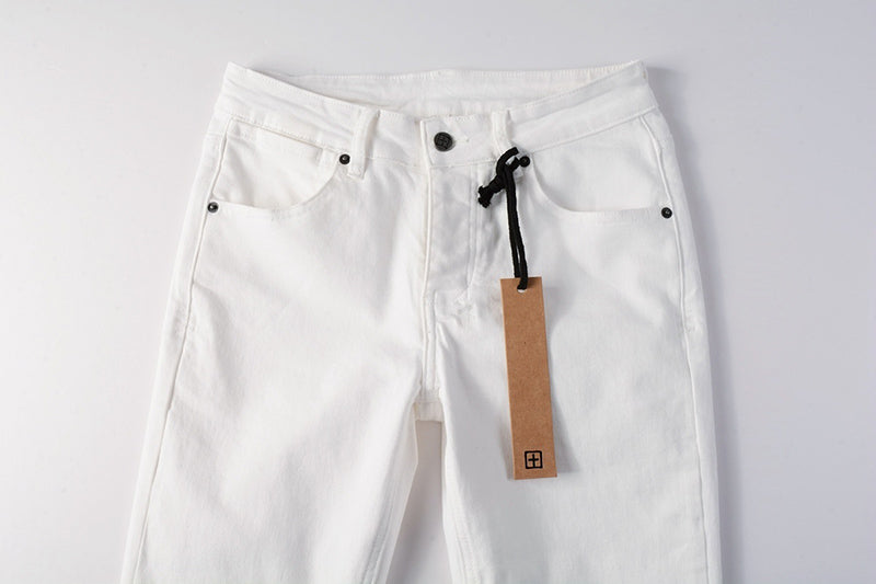 Men’s White Slim Fit Jeans Stretch Skinny Denim Pants Street Style Casual Trousers