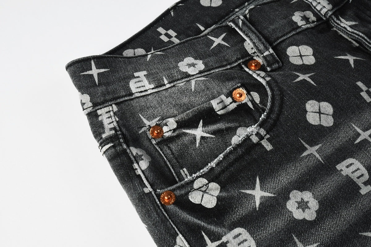 Distressed Skinny Jeans with Laser Print Patterns & Ripped Holes & Button Fly