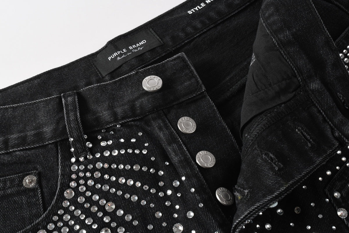 Men's Distressed Black Denim Shorts with Rhinestones, Ripped Holes & Loose Fit