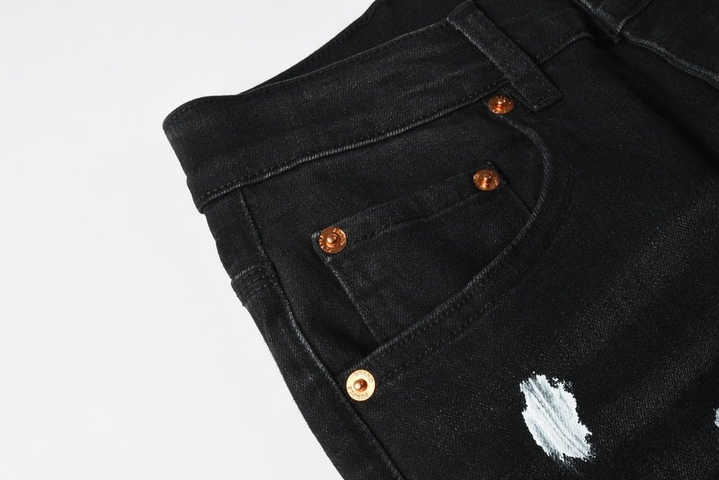 Men's Distressed Dark Black Skinny Jeans with Graffiti & Spray Paint Design & Ripped Holes