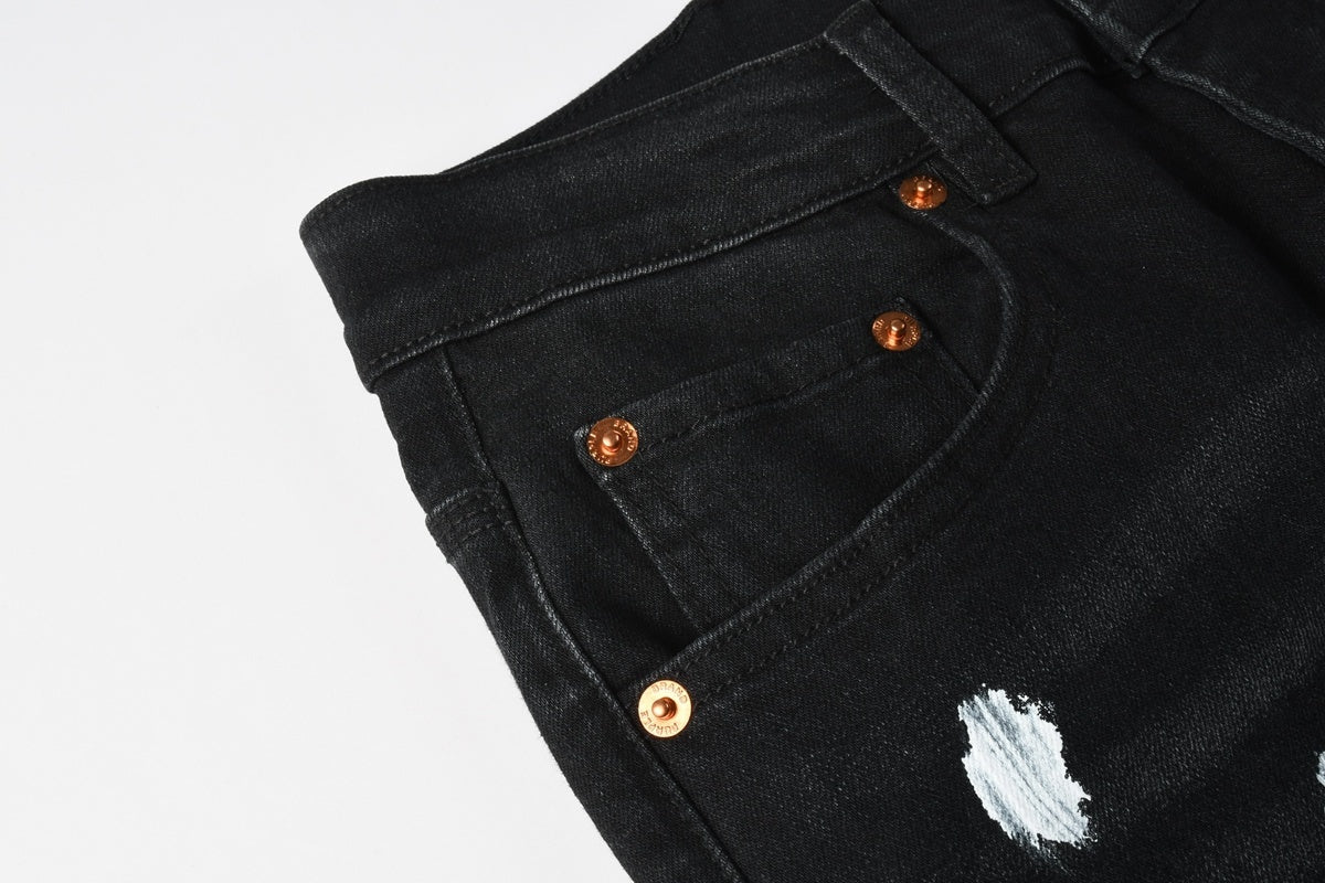 Men's Distressed Dark Black Skinny Jeans with Graffiti & Spray Paint Design & Ripped Holes