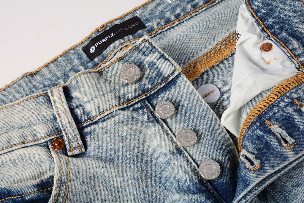 Men's Distressed Light Indigo Skinny Jeans with Ripped Holes & Button Fly