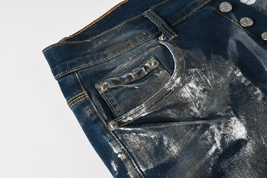 Men's Distressed Blue Skinny Jeans with Silver Coating, Ripped Holes & Button Fly