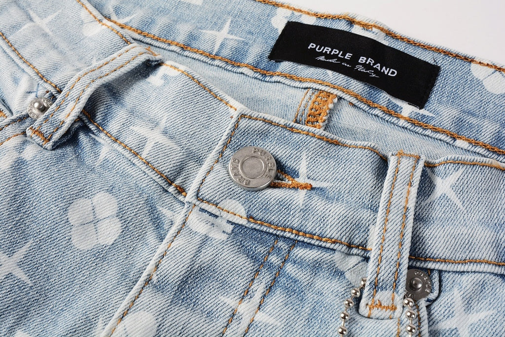 Men's Distressed Light Blue Skinny Jeans with Laser Print Patterns & Button Fly
