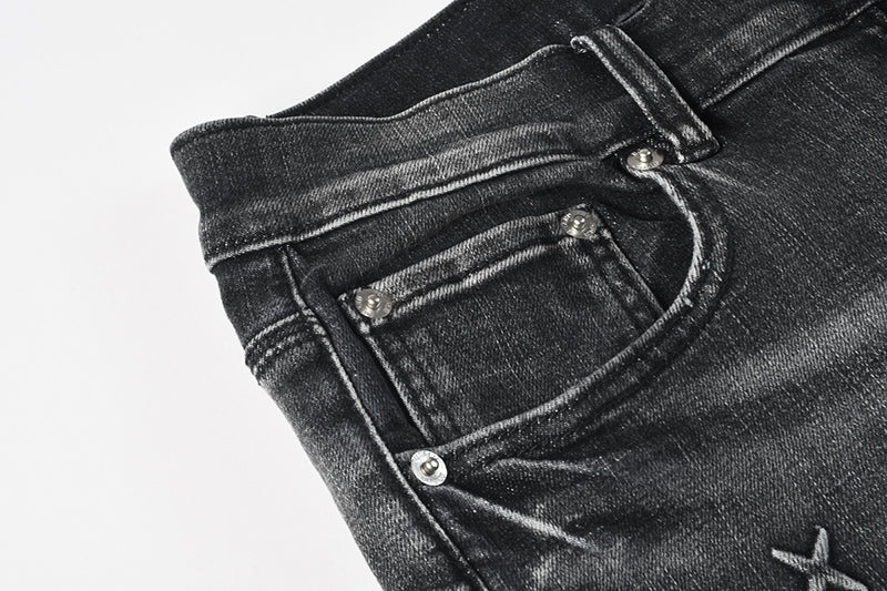 Men's Black Washed Embroidered Cross & Logo Skinny Jeans | Streetwear Slim Fit Denim Pants