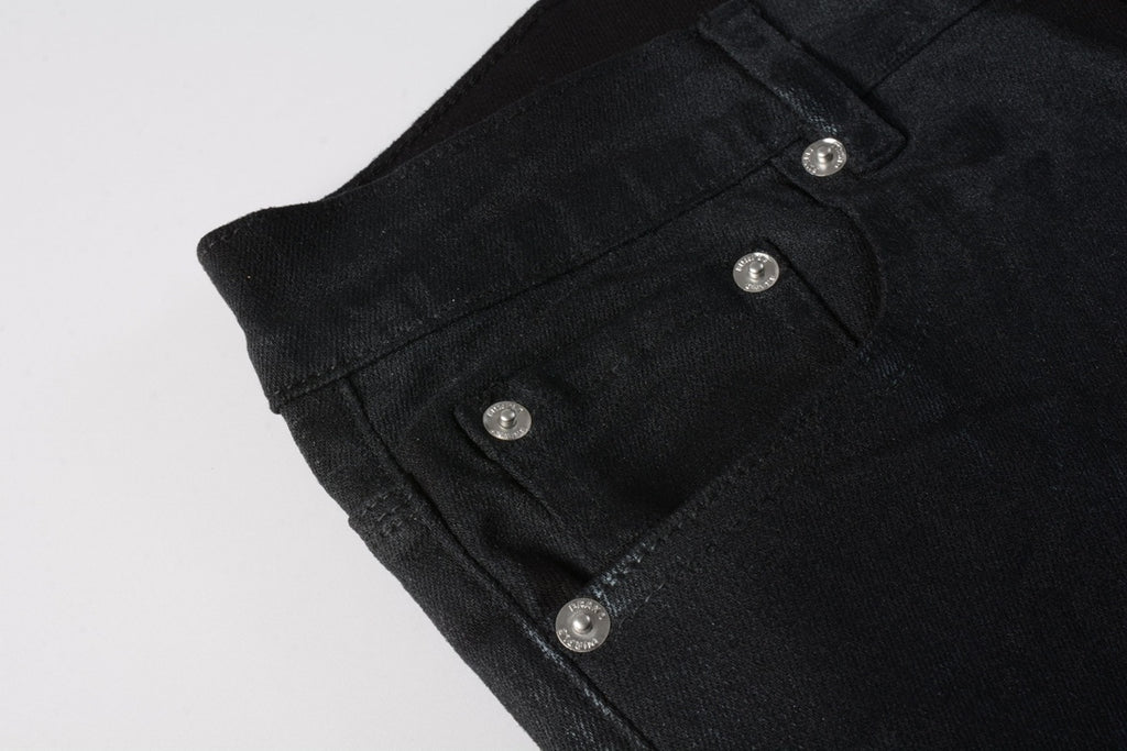 Men's Slim Fit Distressed Dark Black Coated Jeans with Ripped Holes & Button Fly