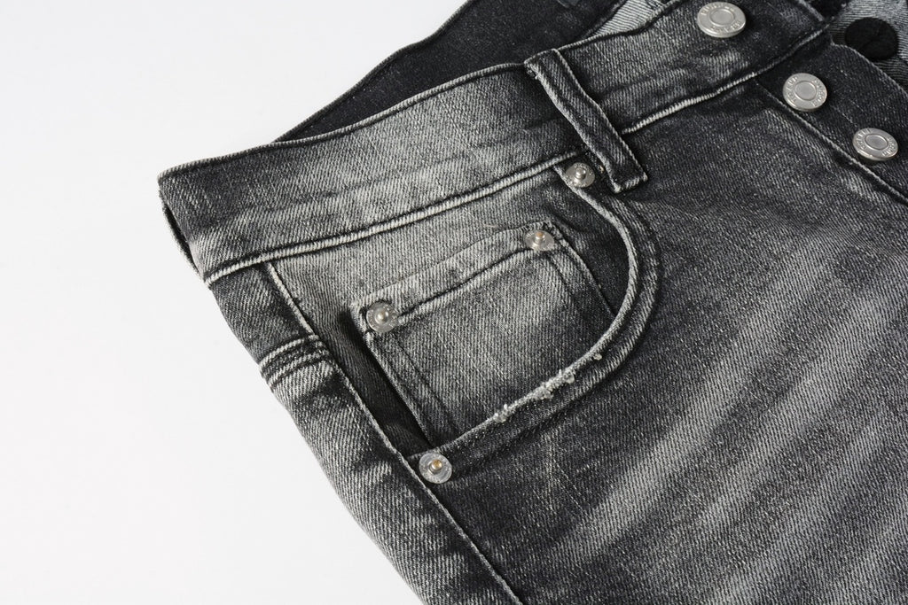 Men's Distressed Ash Gray Skinny Jeans with Ripped Holes & Button Fly