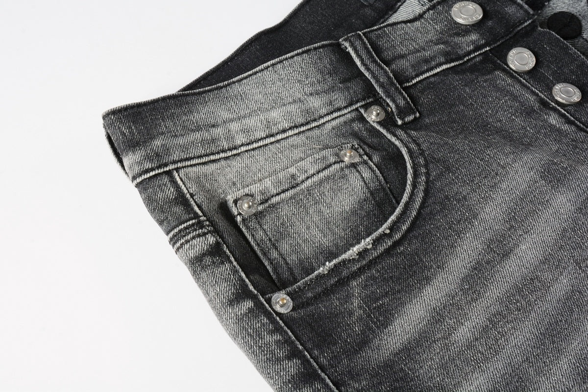 Men's Distressed Ash Gray Skinny Jeans with Ripped Holes & Button Fly