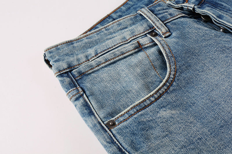 Men’s Ksubi Style Light Blue Patchwork Distressed Skinny Jeans Streetwear Denim