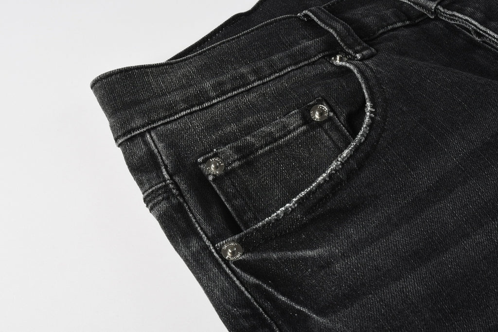 Men's Distressed Black Gray Skinny Jeans with Patchwork, Ripped Holes & Button Fly