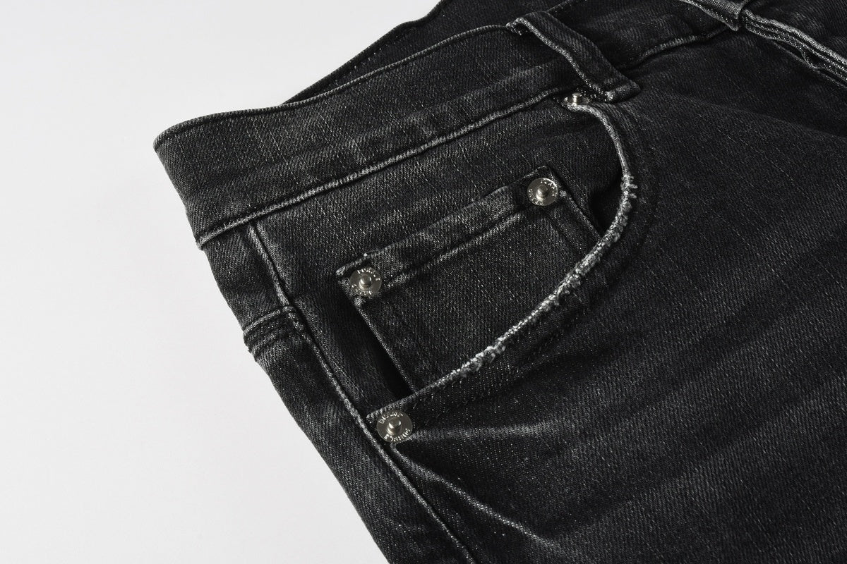 Men's Distressed Black Gray Skinny Jeans with Patchwork, Ripped Holes & Button Fly