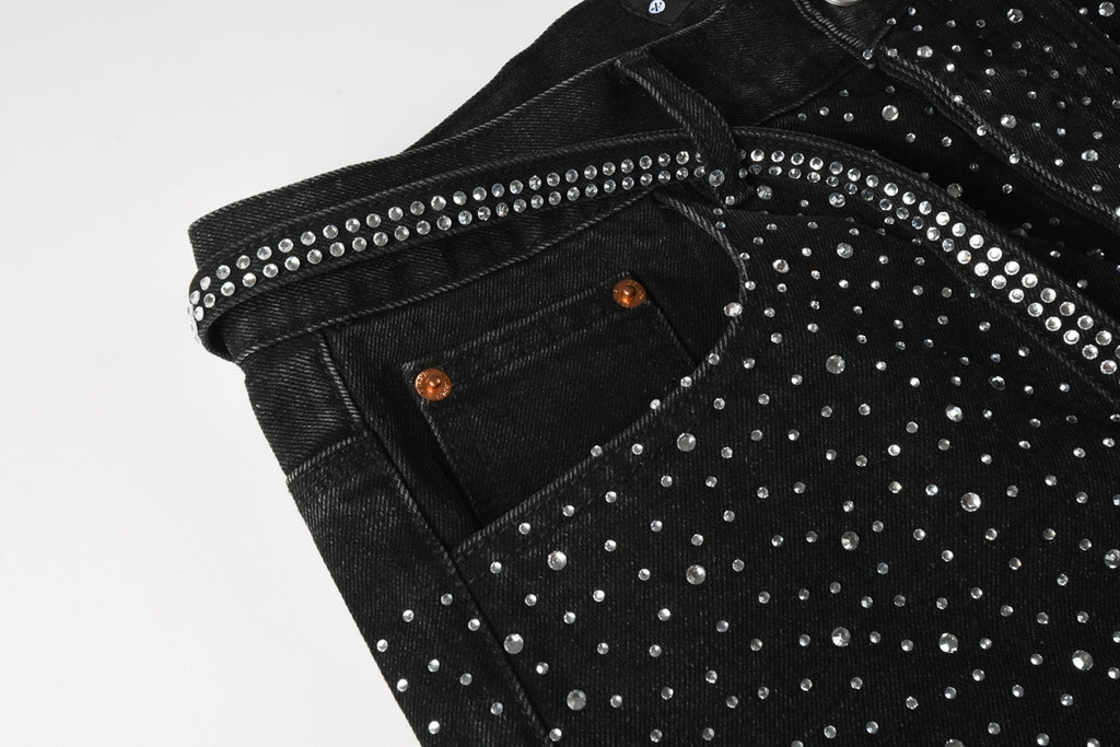 Men's Distressed Black Denim Shorts with Rhinestones, Ripped Detailing & Loose Fit