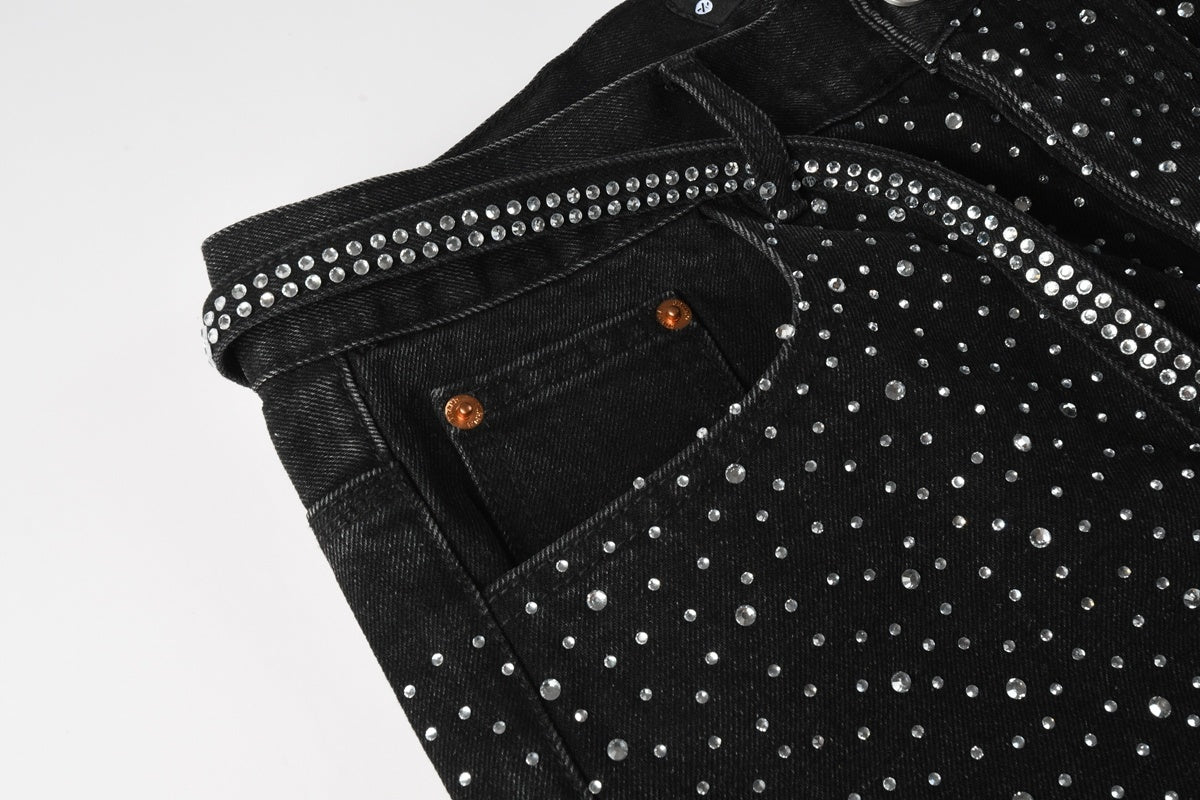 Men's Distressed Black Denim Shorts with Rhinestones, Ripped Detailing & Loose Fit