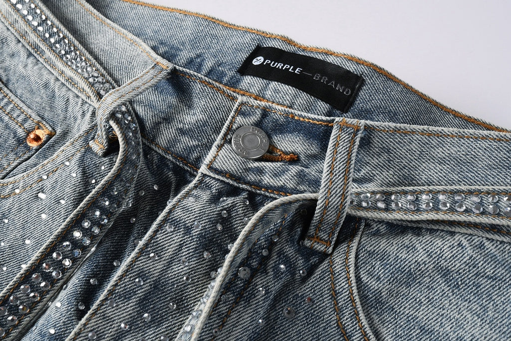 Men’s Baggy Light Blue Rhinestone Jeans – Loose Fit Wide Leg Denim