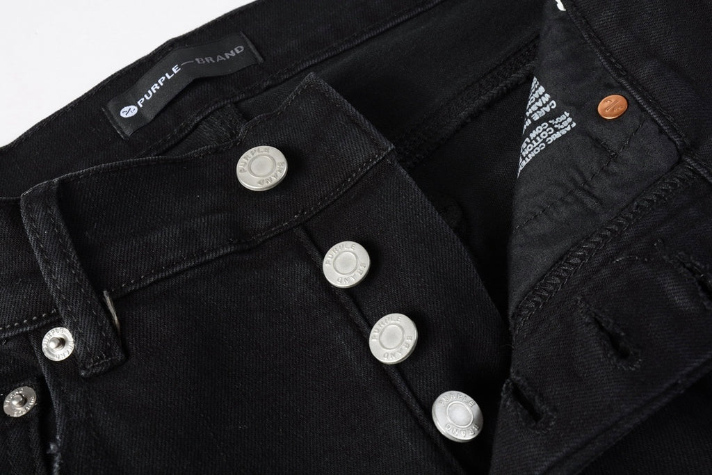 Men's Distressed Black Skinny Jeans with Ripped Holes & Button Fly