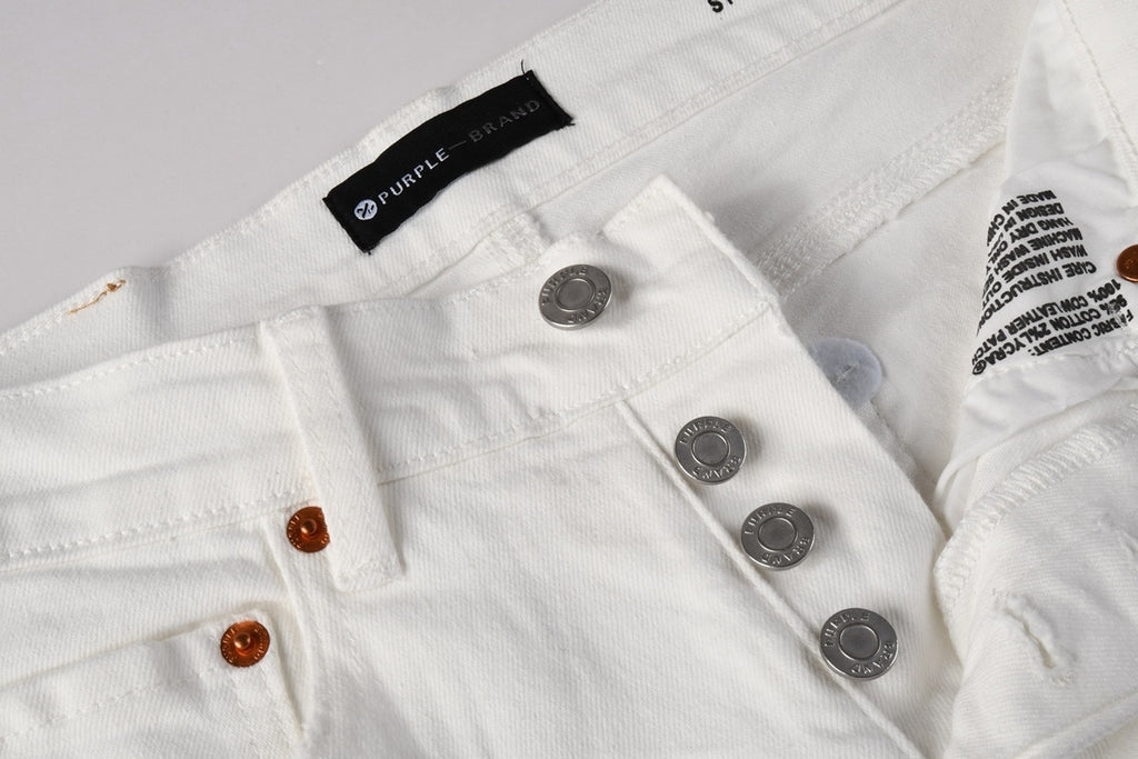 Men's Distressed White Beige Skinny Jeans with Ripped Holes & Button Fly