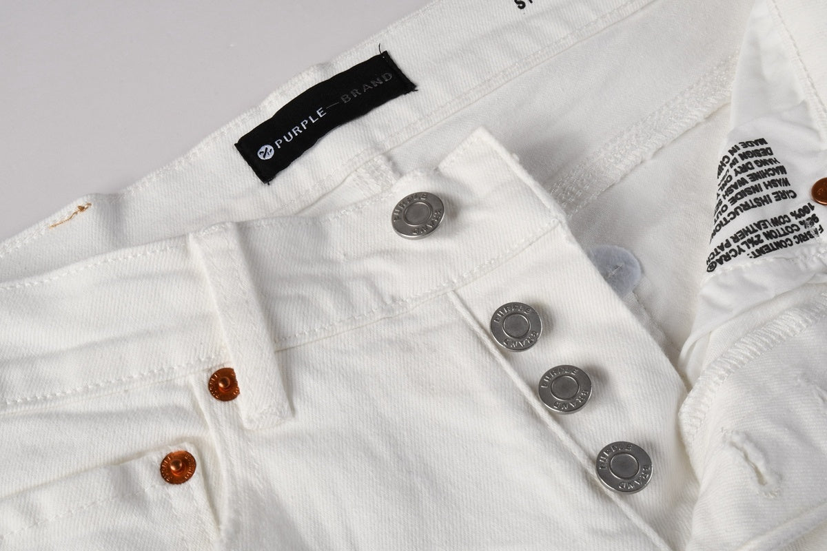 Men's Distressed White Beige Skinny Jeans with Ripped Holes & Button Fly