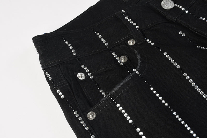 Men's Black Vertical Rhinestone Striped Skinny Jeans | Streetwear Slim Fit Denim Pants