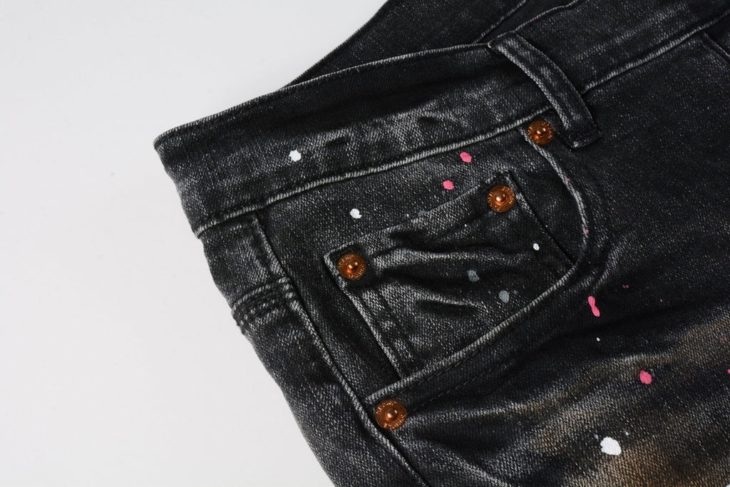 American Vintage Men's Distressed Dark Gray Skinny Jeans with Spray Paint & Ripped Holes