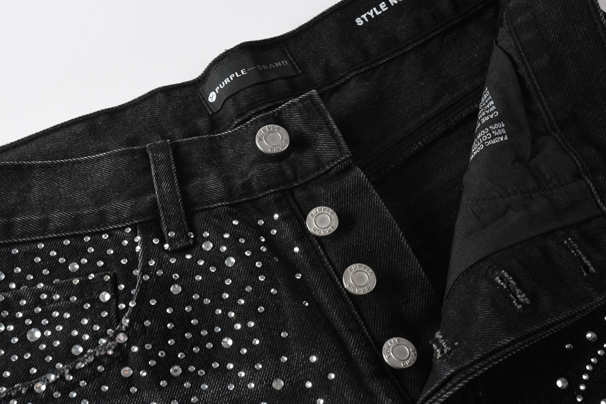 Men's Distressed Black Baggy Jeans with Rhinestones & Street Style