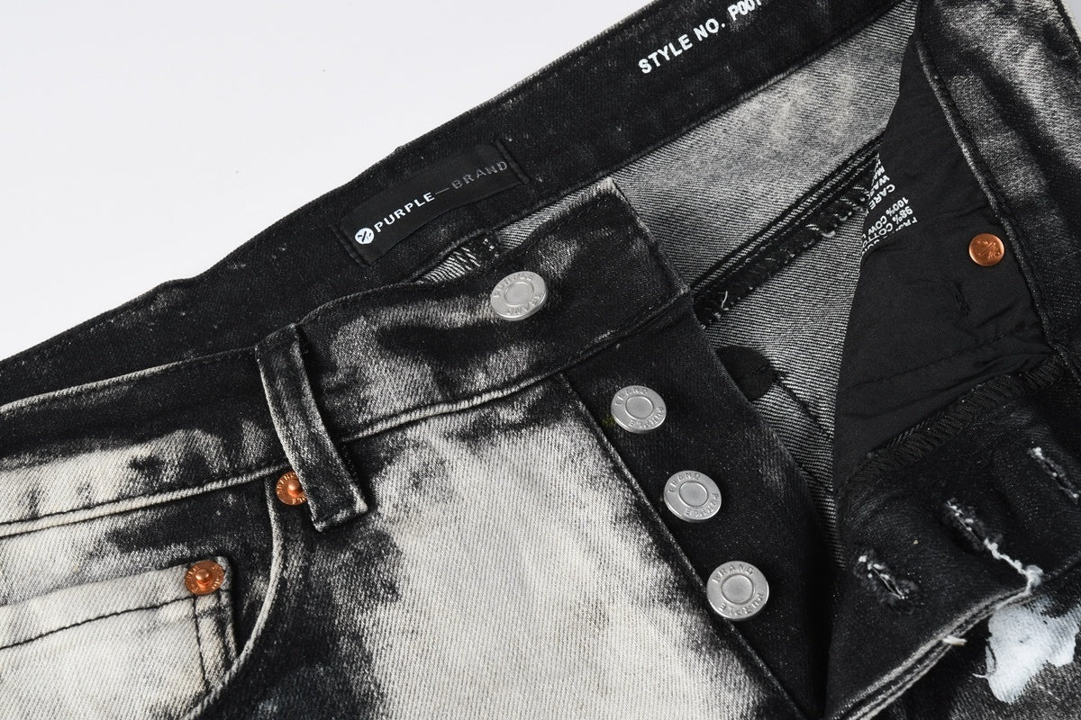 Men's Tie-Dye Graffiti Skinny Jeans with Ripped Holes & Button Fly
