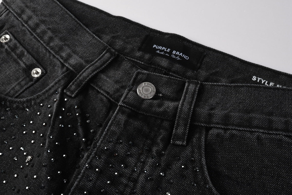 Men's High Street Fashion Black Distressed Baggy Jeans with Rhinestone Detailing & Loose Fit