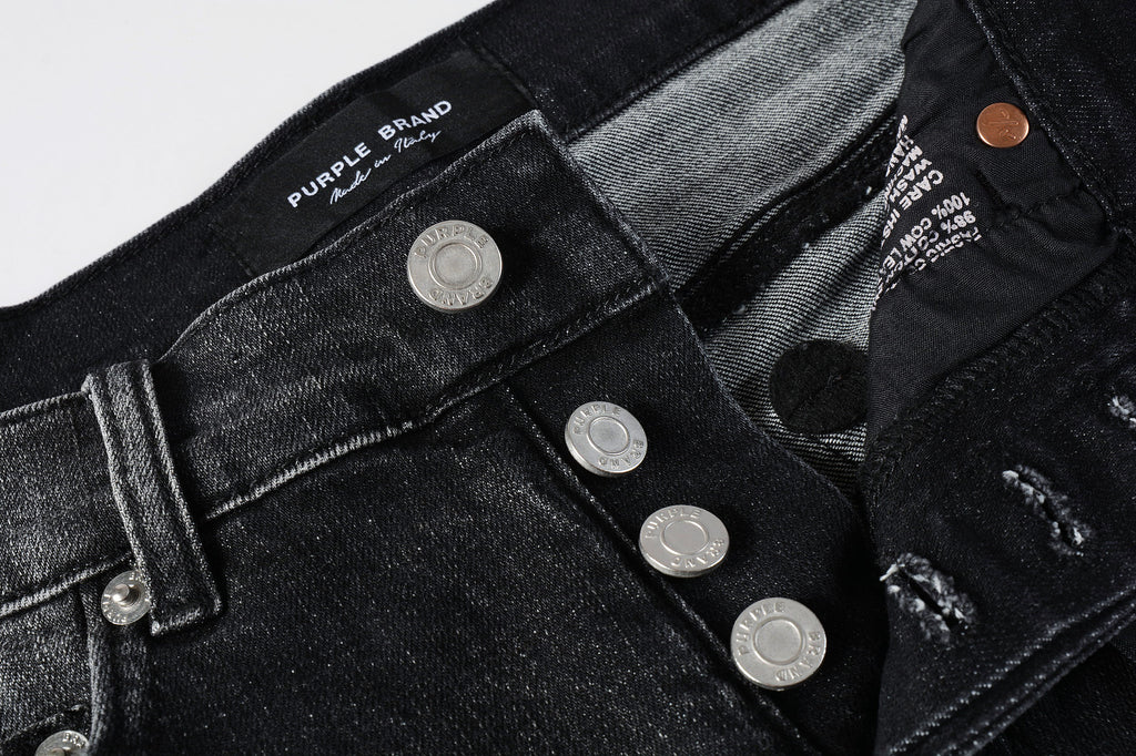 Men's Distressed Black Gray Skinny Jeans with Ripped Holes & Button Fly