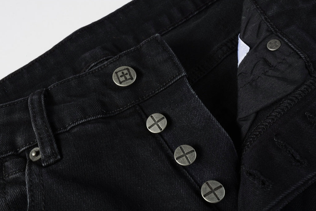 Men's Black Wash Cross-Studded Distressed Skinny Jeans - Stretch Denim