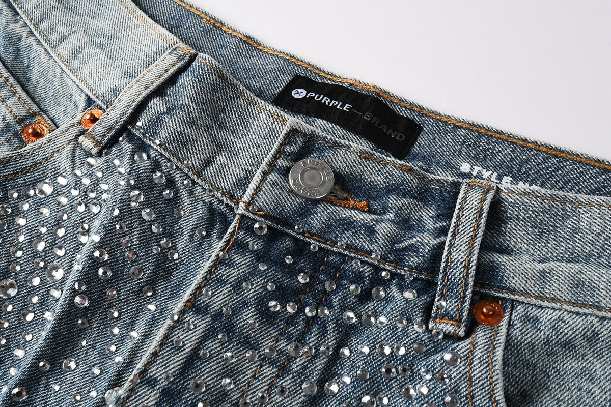 Men's Distressed Vintage Blue Denim Shorts with Rhinestones & Ripped Detailing