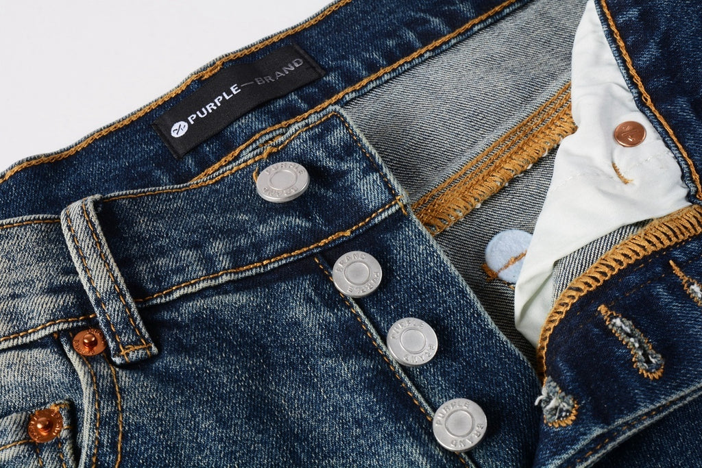 Men's Distressed Dark Blue Skinny Jeans with Button Fly & Ripped Detailing