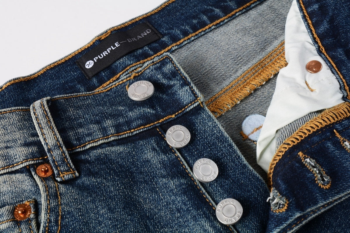 Men's Distressed Dark Blue Skinny Jeans with Button Fly & Ripped Detailing