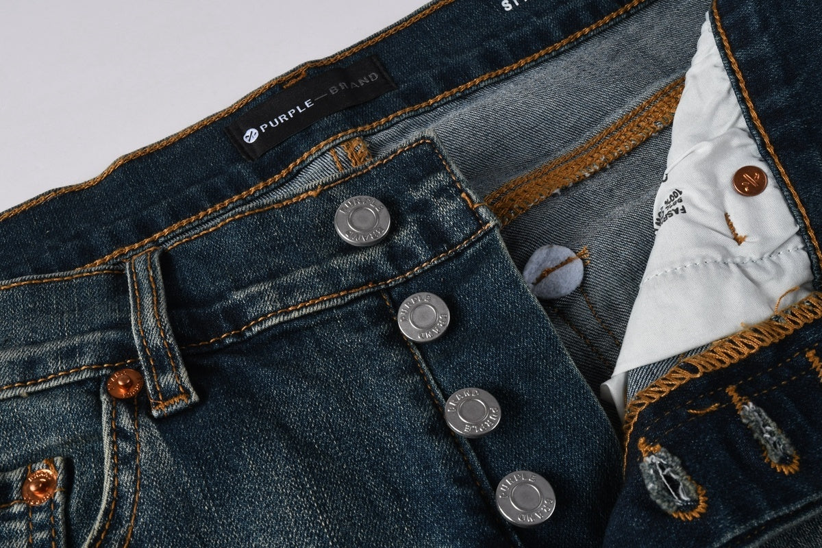 Men's Distressed Blue Skinny Jeans with Devil Suture Design & Ripped Holes & Button Fly