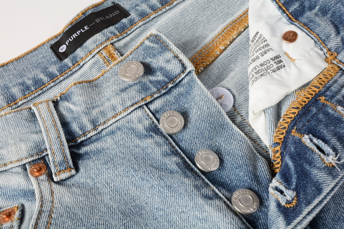 Men's Distressed Light Blue Skinny Jeans with Ripped Holes & Button Fly