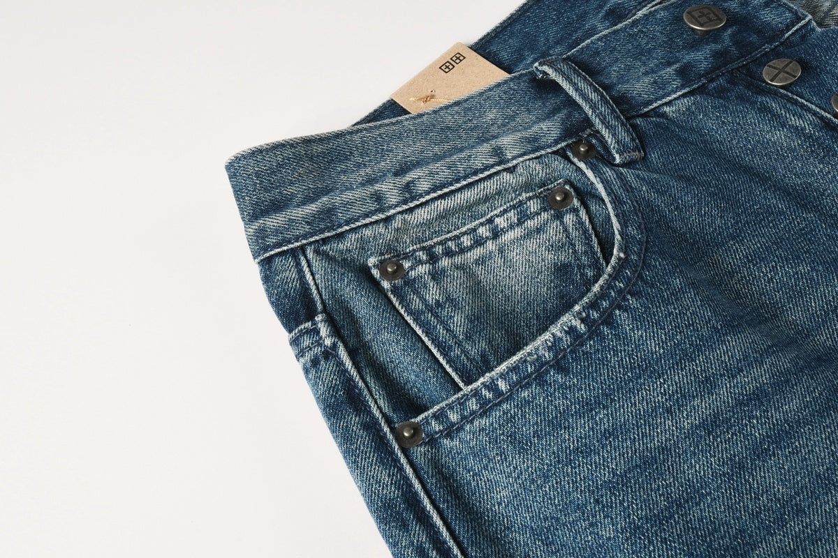 Men’s Vintage Blue Baggy Jeans - Distressed Knee Patch Denim