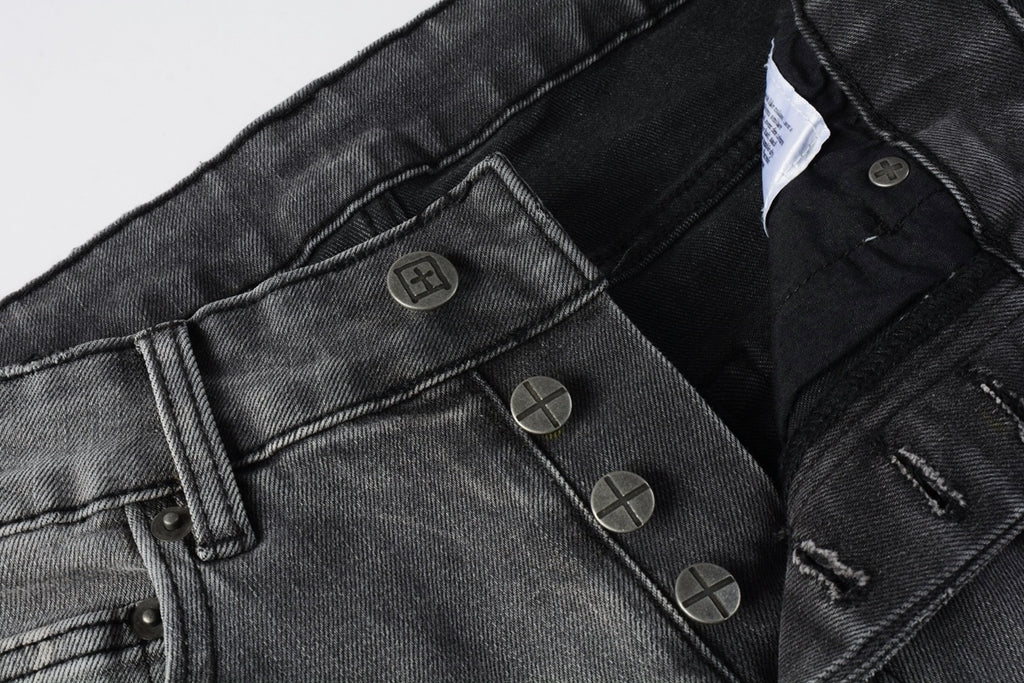 Men's Grey Wash Embroidered Distressed Skinny Jeans - Stretch Denim