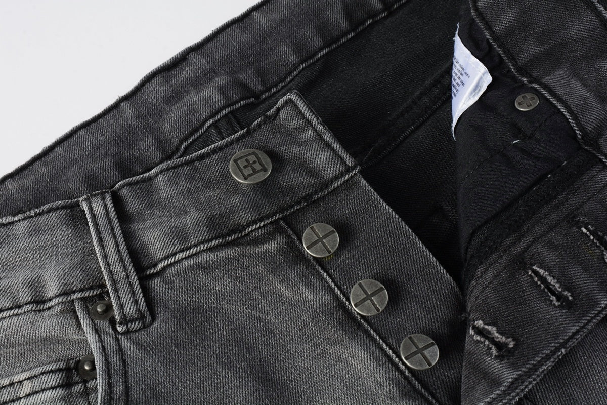 Men's Grey Wash Embroidered Distressed Skinny Jeans - Stretch Denim