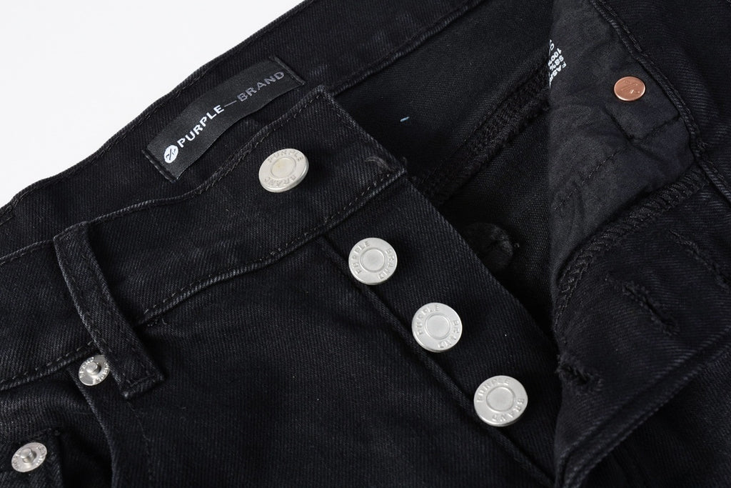 Men's Distressed Black Skinny Jeans with Bandanna Patchwork, Ripped Holes & Button Fly