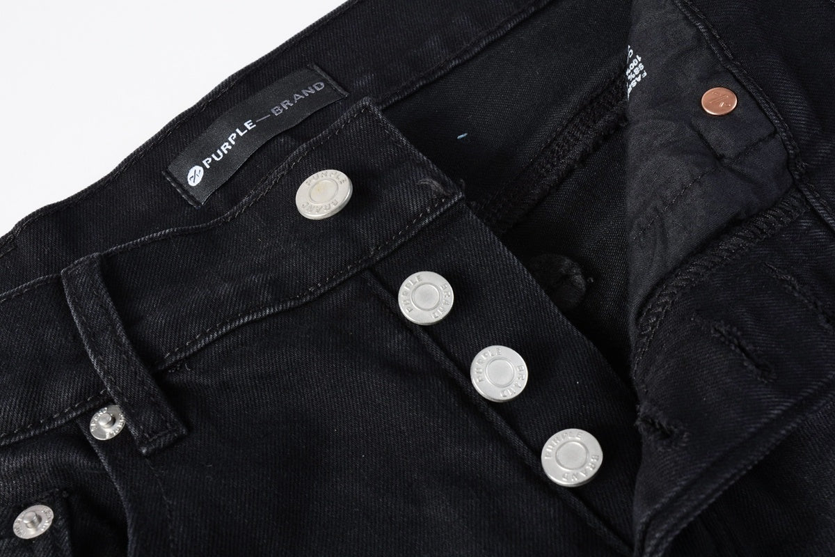 Men's Distressed Black Skinny Jeans with Bandanna Patchwork, Ripped Holes & Button Fly