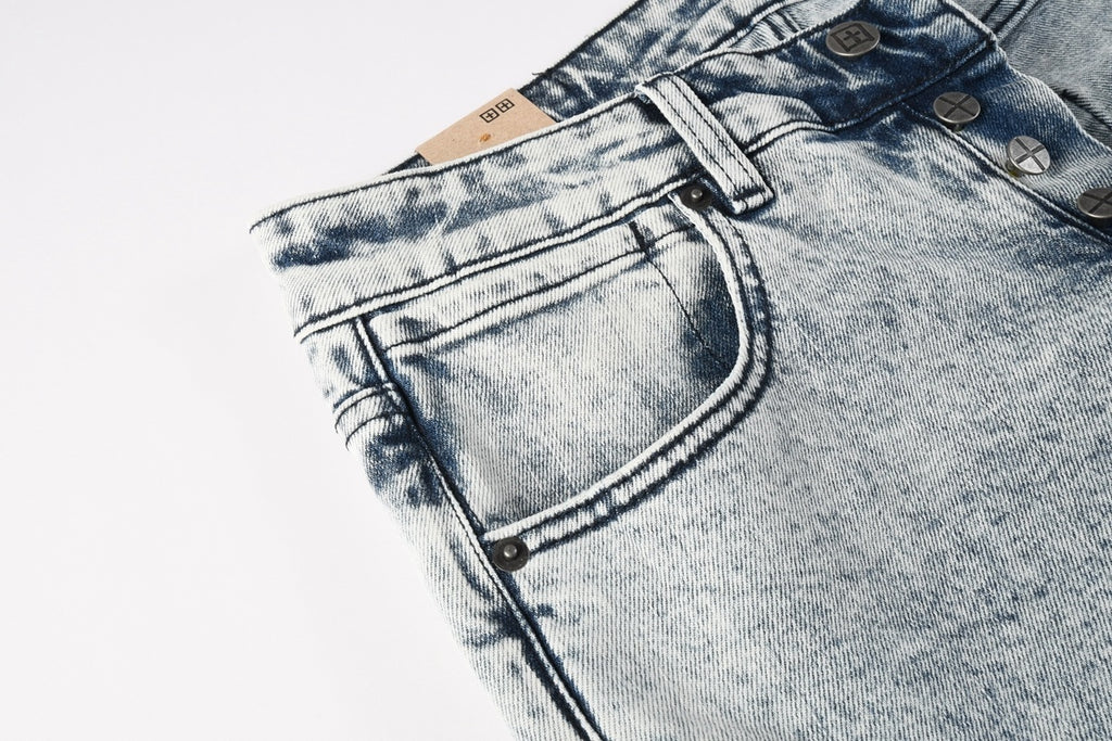 Men’s Acid Wash Skinny Jeans - Distressed Embroidered Street Denim