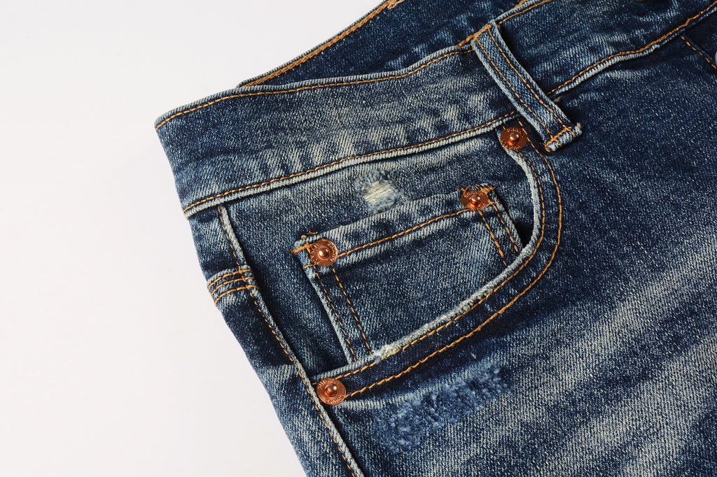Men's Distressed Dark Blue Skinny Jeans with Ripped Holes & Button Fly