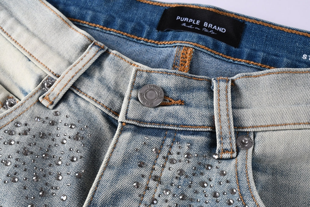 Purple Brand Men's Distressed Skinny Jeans with Cross Rhinestones, Ripped Holes & Button Fly