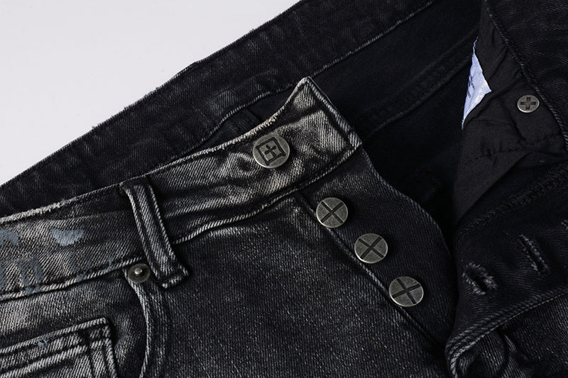 Men's Black Gray Washed Distressed Skinny Jeans - Streetwear Ripped Denim Pants